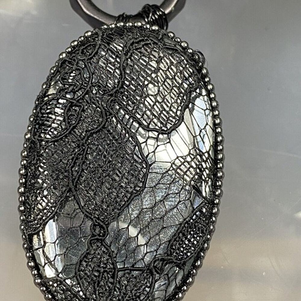Hand Embellished Necklace eyeball bow, crystal lace pendant guitar pick beads - Picture 4 of 10